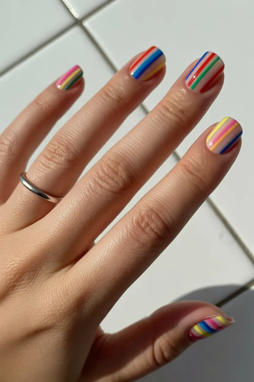 colorful spring nails 2026 Rainbow Line Minimalism for Light Spring Inspo