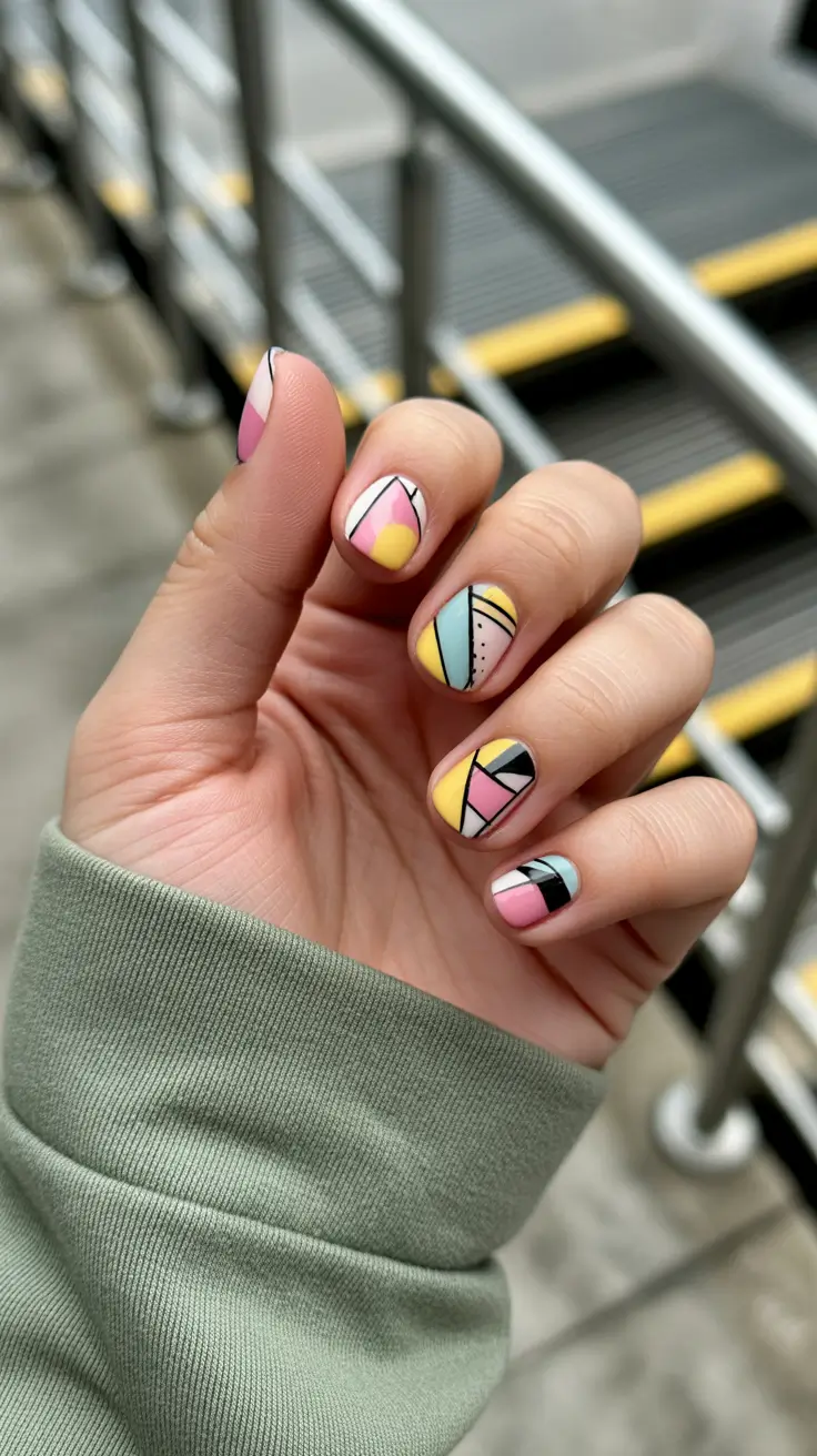 colorful spring nails 2026 Geometric Pastel Blocks with Bold Black Lines