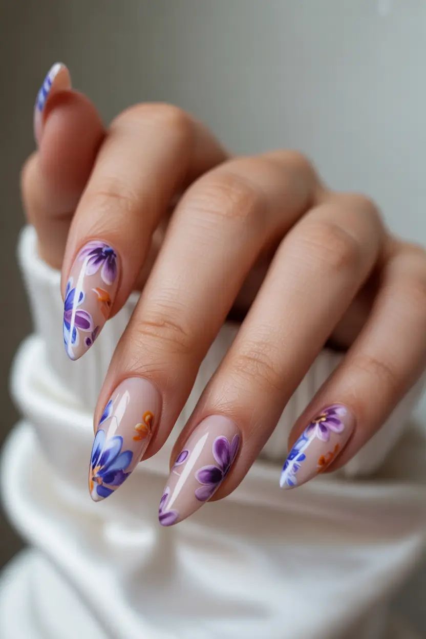 cool spring nails 2026 Purple and Yellow Floral Art on Soft Nude Gel