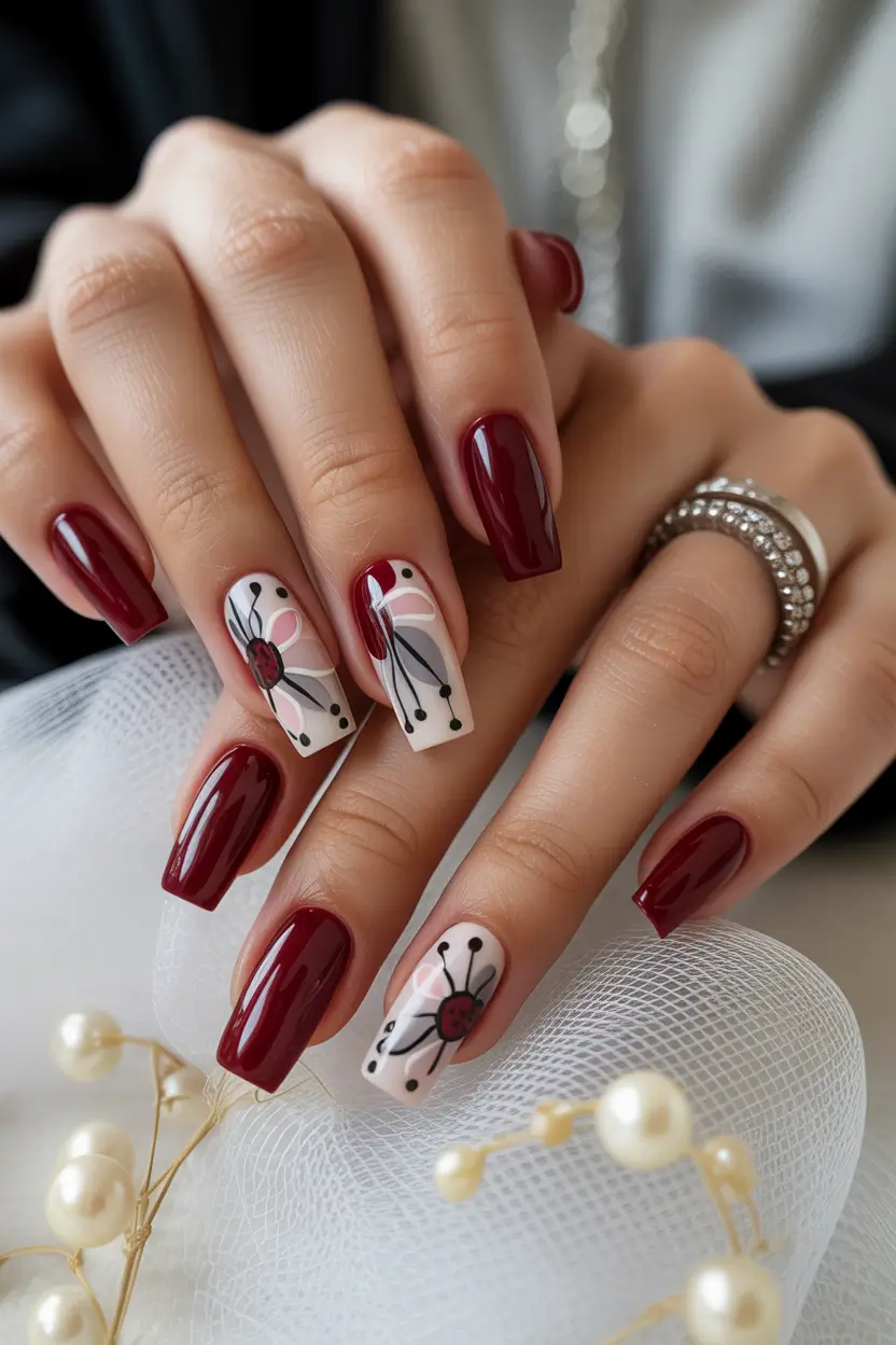 cool spring nails 2026 Deep Red Square Nails with Minimal Floral Detail