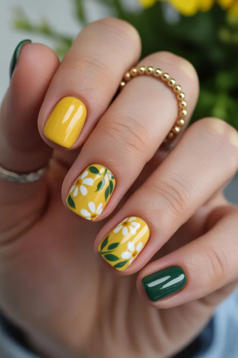 Stylish Cool Spring Nails 2026 Yellow Floral Art
