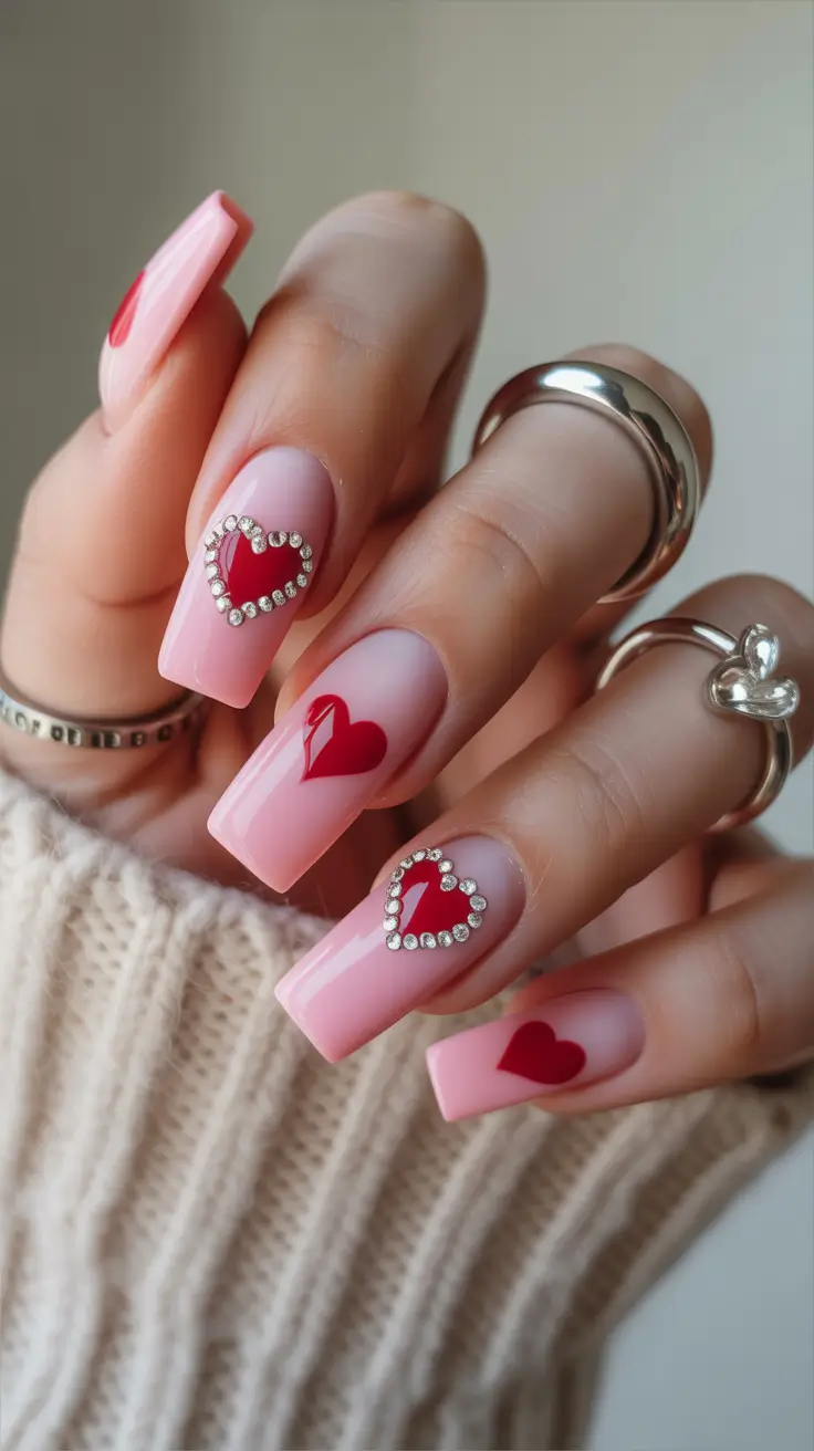 cool spring nails 2026 Pink Ombre Nails with Heart Details for Spring 2026