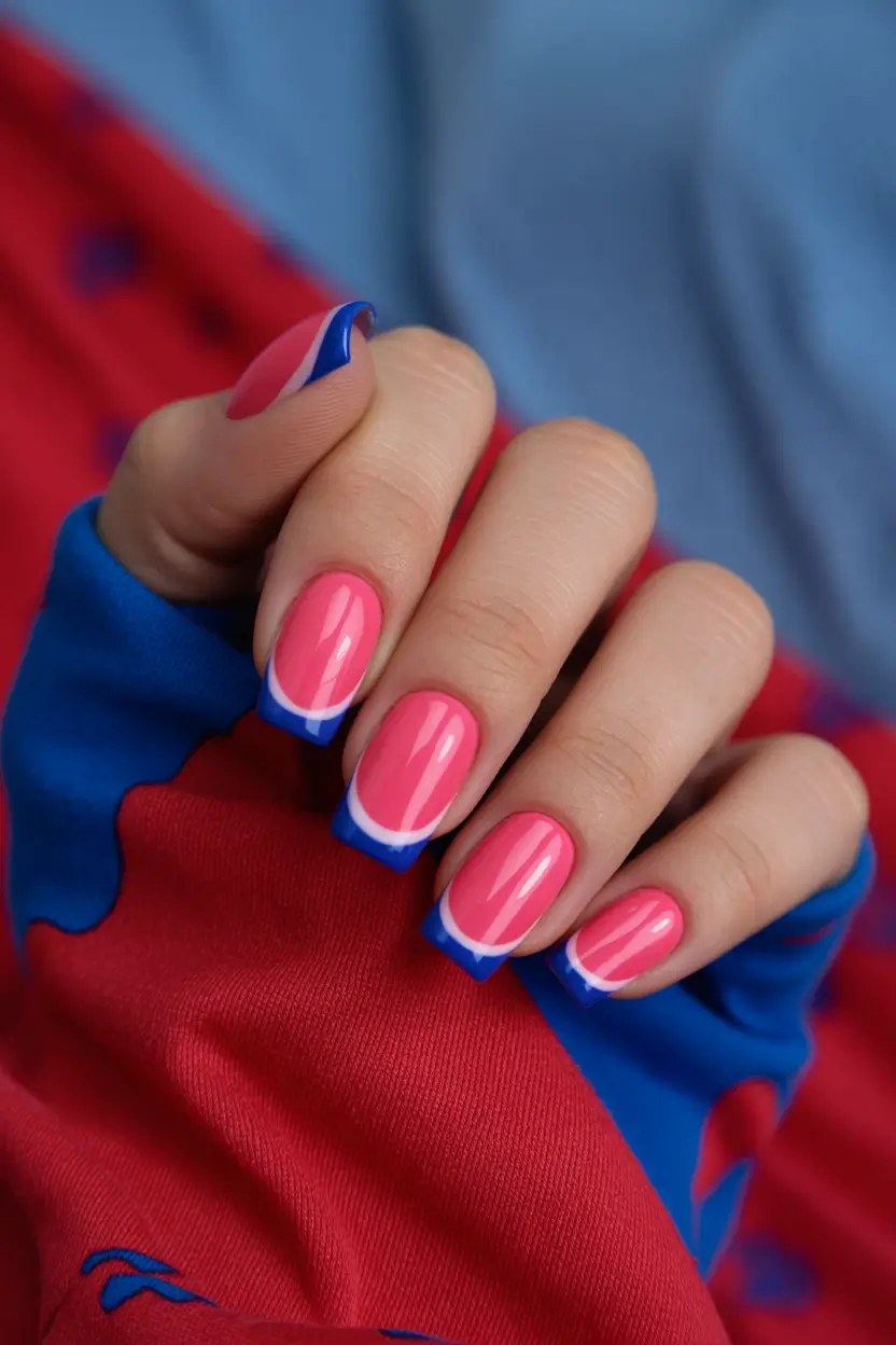 cool spring nails 2026 Pink French Nails with Blue Tips