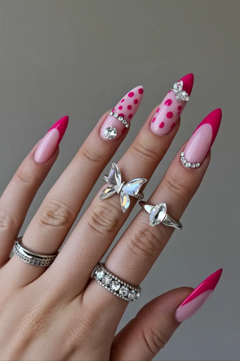 cool spring nails 2026 Hot Pink Almond Nails with Rhinestone Details
