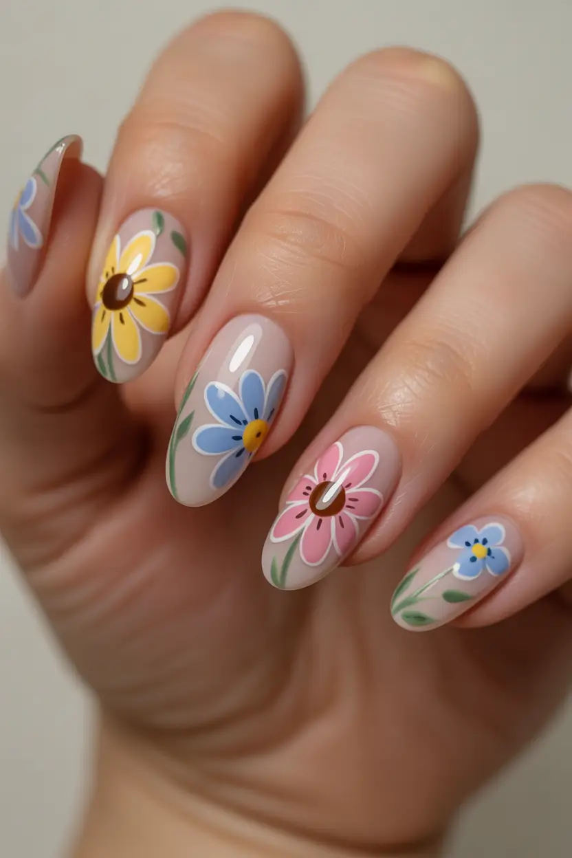 cool spring nails 2026 Colorful Floral Nails on a Nude Base