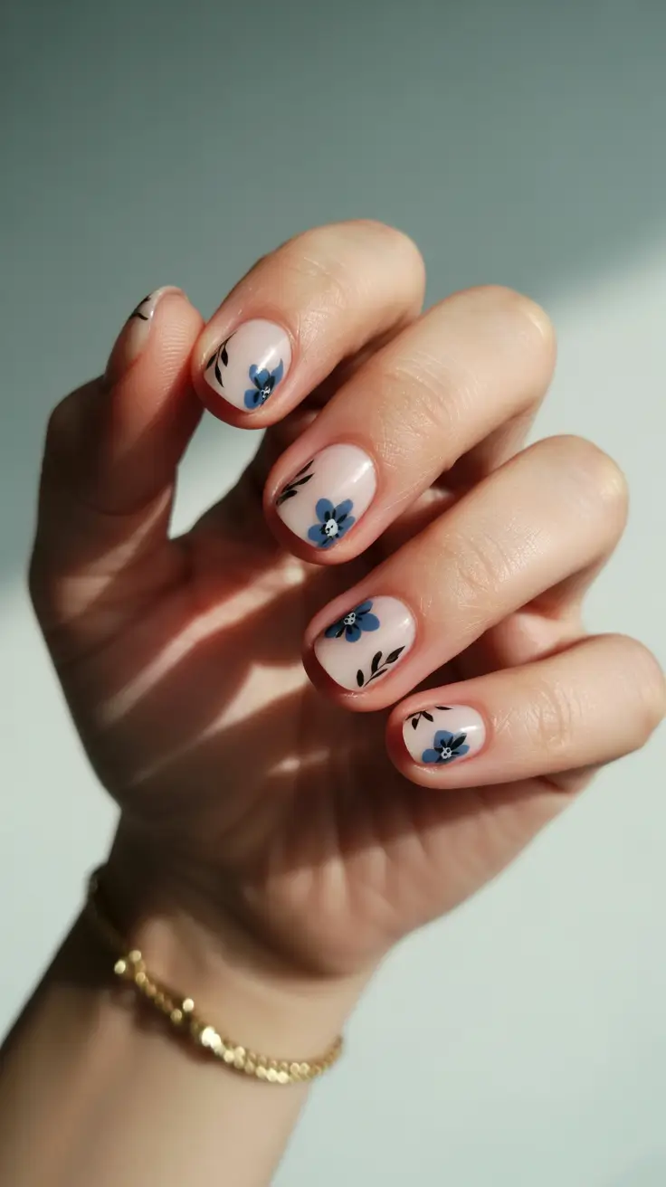 cool spring nails 2026 Short Nude Nails with Blue Flower Accents