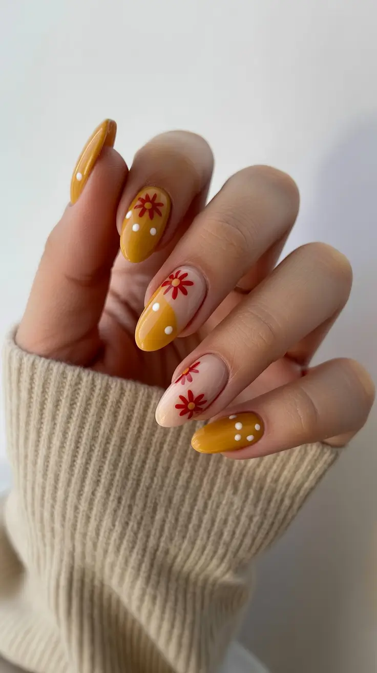 Stylish Cool Spring Nails 2026 Mustard Floral Almond Nails