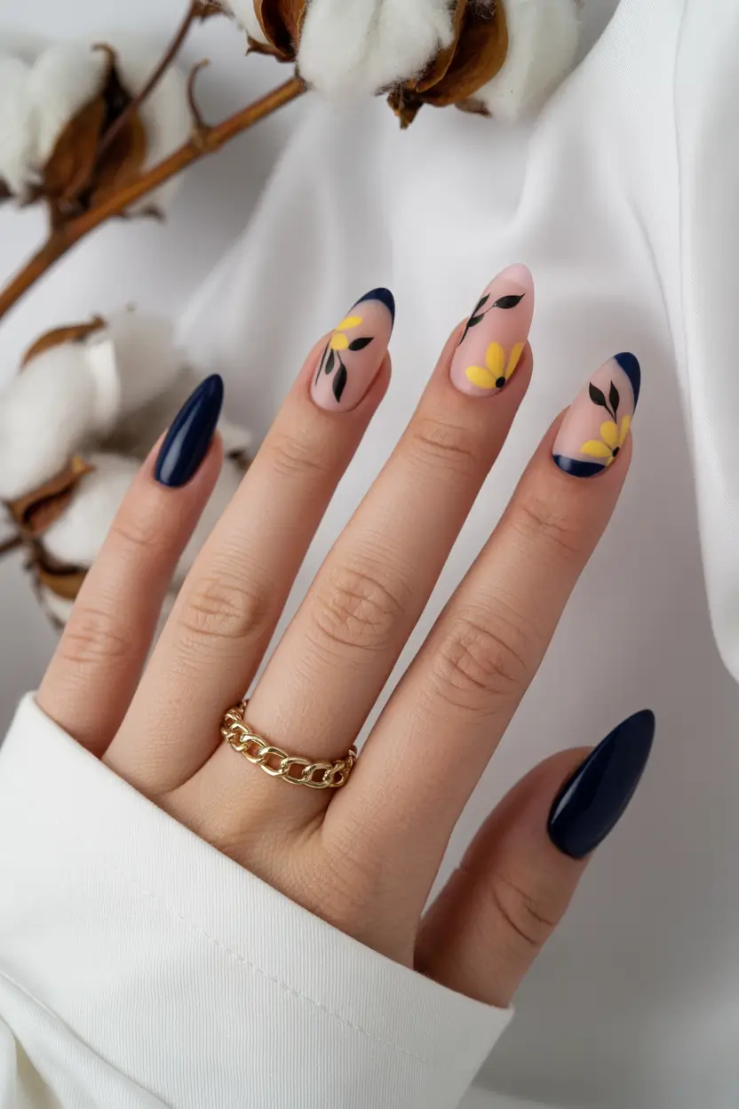 Stylish Cool Spring Nails 2026 Blue French Floral Design