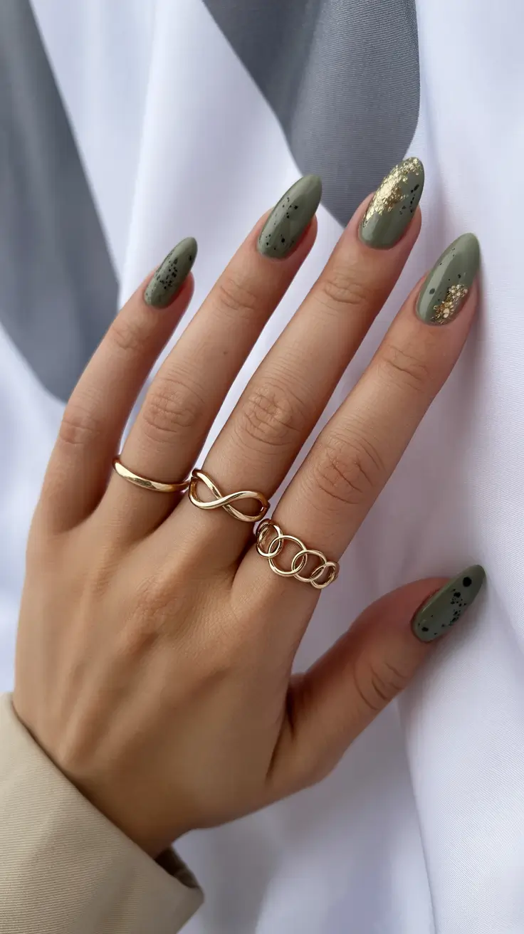 Stylish Cool Spring Nails 2026 Olive Green Gold Accents