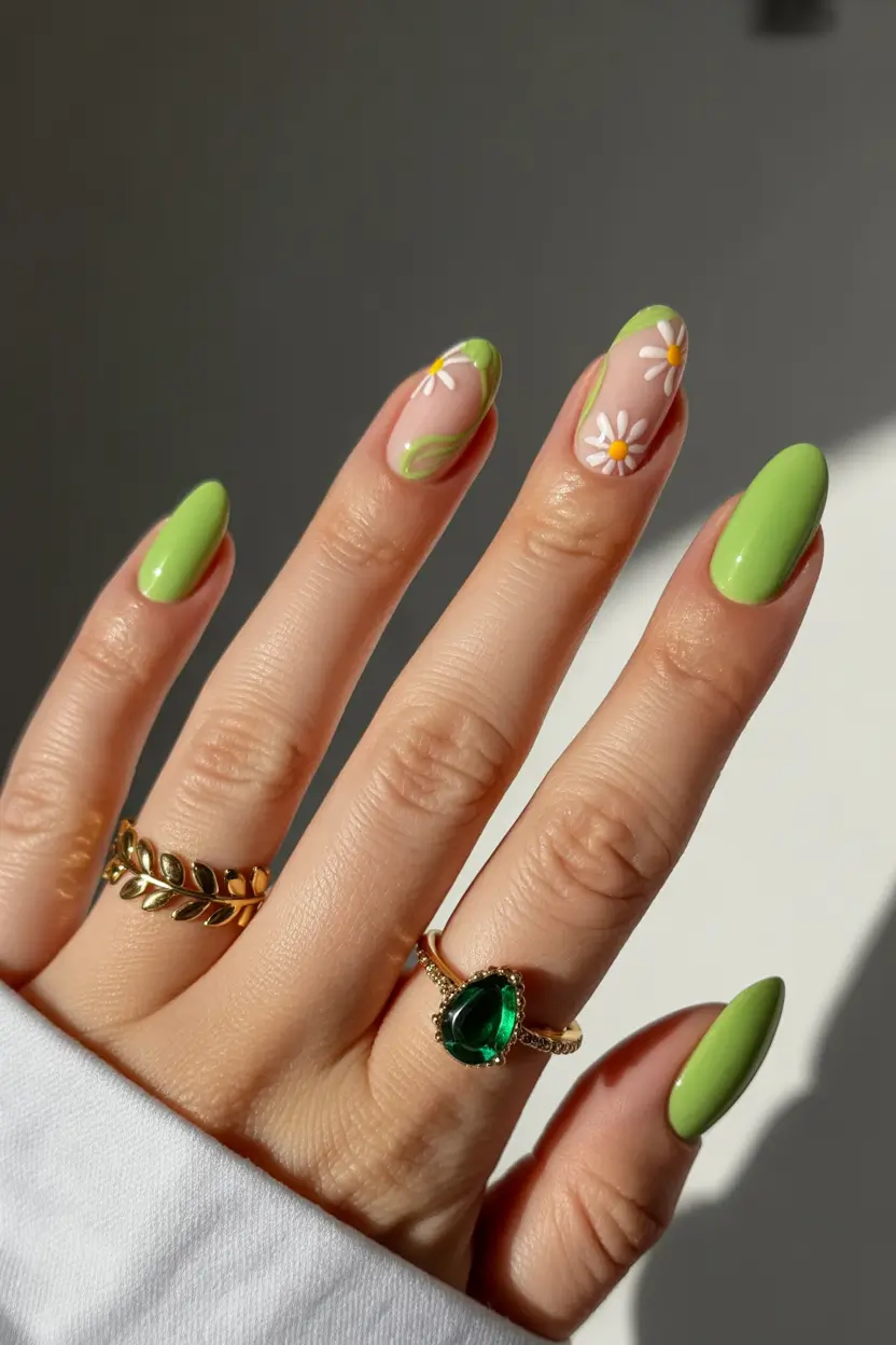 Stylish Cool Spring Nails 2026 Green Daisy Almond