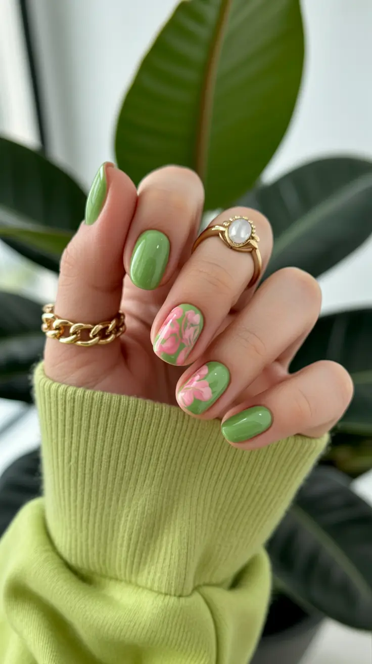 Stylish Cool Spring Nails 2026 Green Pink Floral Short