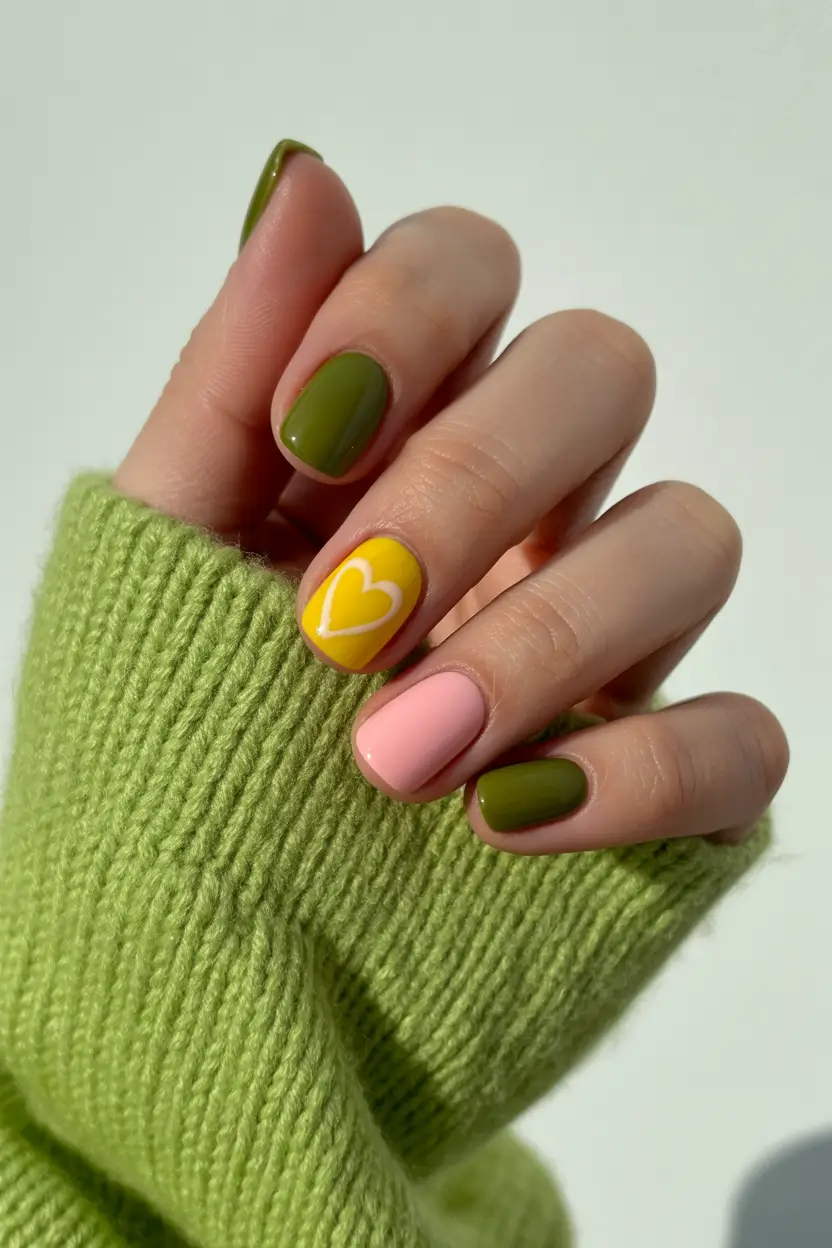Stylish Cool Spring Nails 2026 Green Pink Yellow Heart