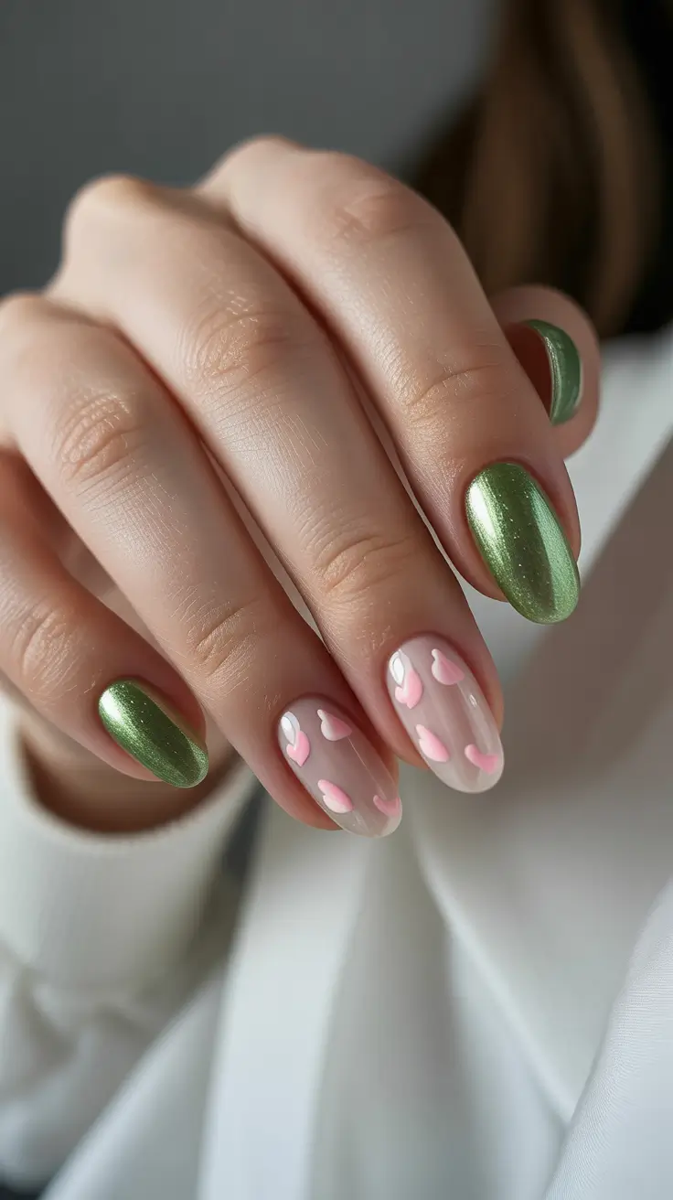 early spring nails 2026 Soft Green With Heart Accents for Early Spring Romance