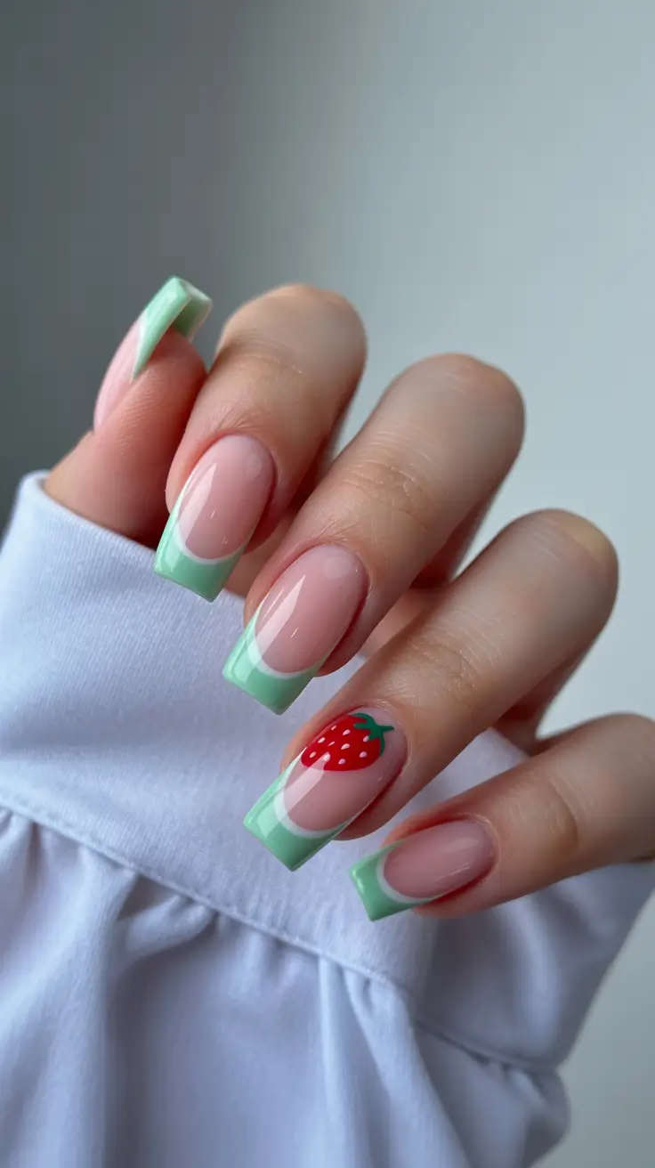 early spring nails 2026 Mint French Tips With Strawberry Accent