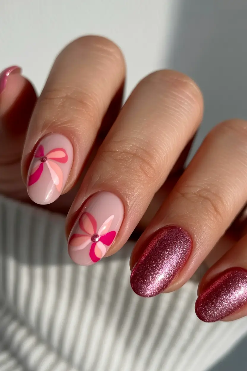 early spring nails 2026 Blush Floral Nails With Berry Shimmer