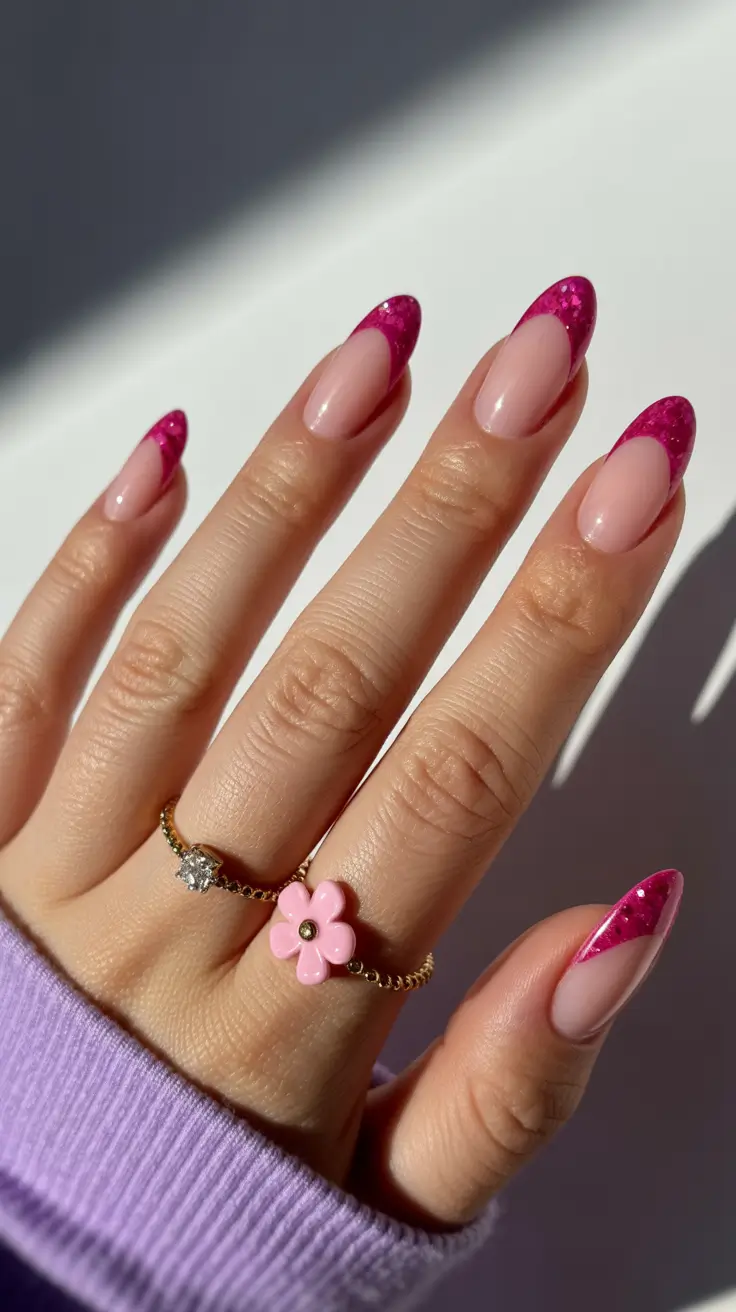 early spring nails 2026 Pink Glitter French Almond Nails