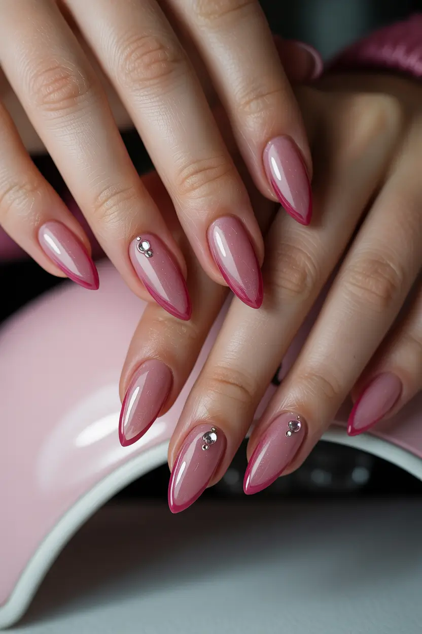 early spring nails 2026 Glossy Rose Almond Nails With Rhinestone Detail