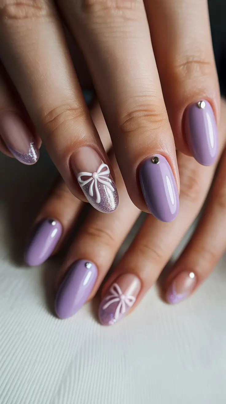 early spring nails 2026 Lavender Bow Nails With Soft Sparkle