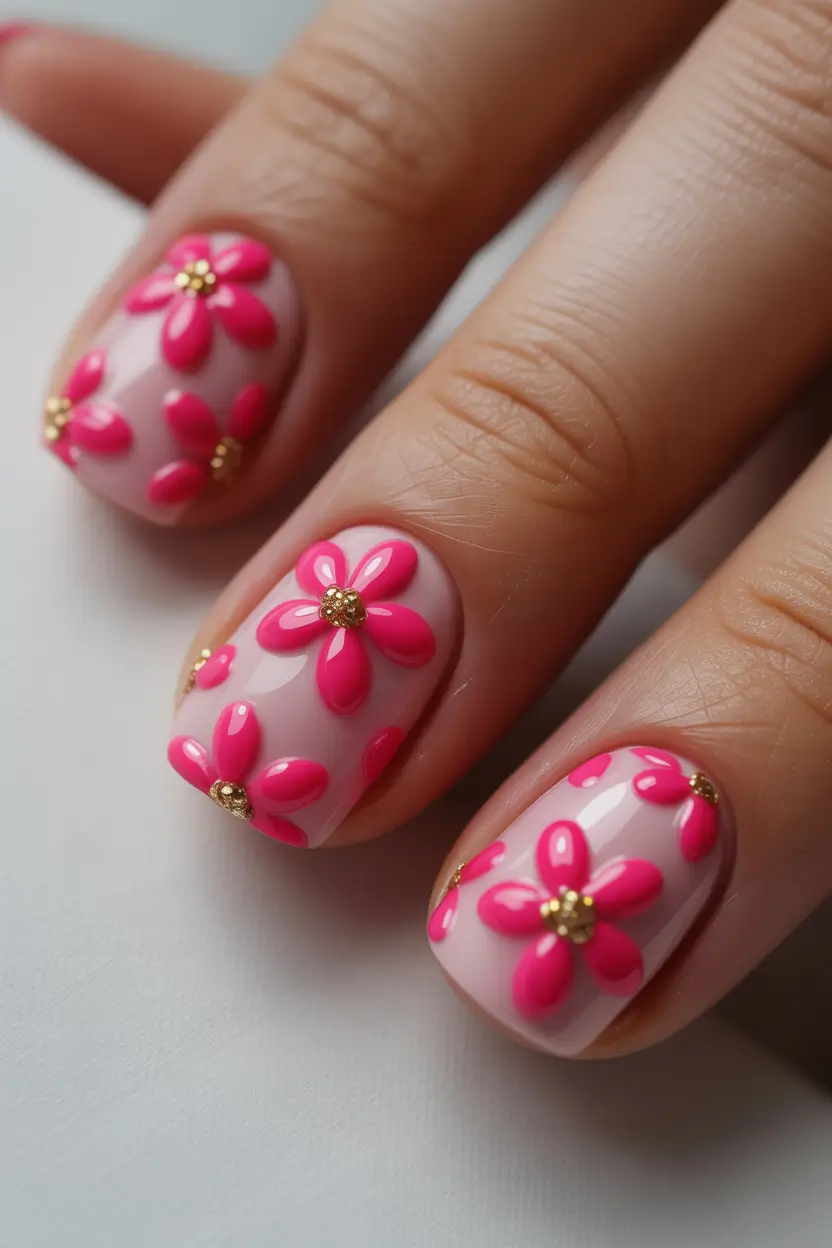 early spring nails 2026 Soft Pink Floral Gel Nails with Dimensional Accents