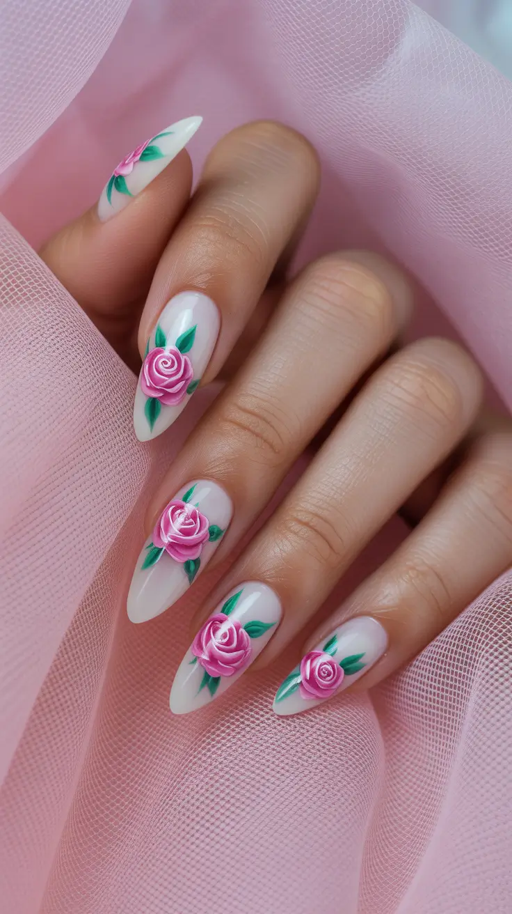early spring nails 2026 Elegant Rose Almond Nails in Milky White Tones