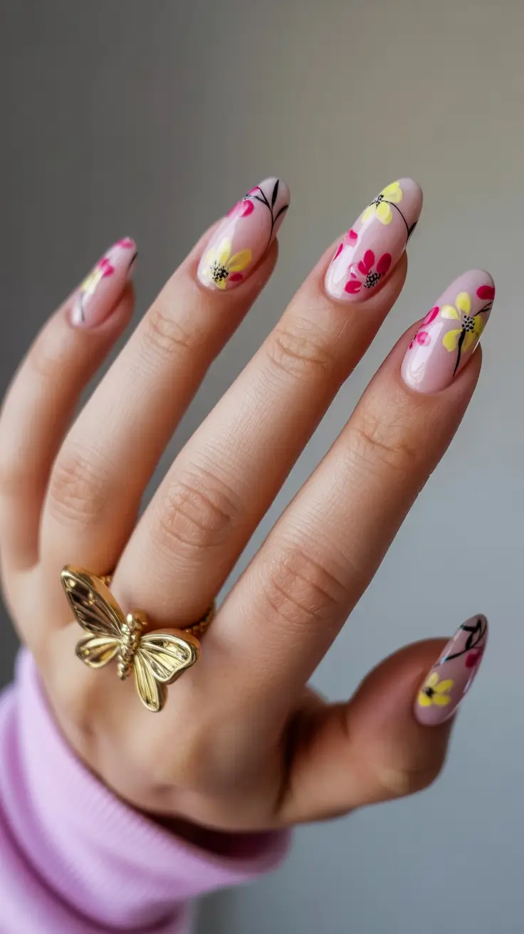 early spring nails 2026 Modern Floral French with Soft Yellow and Pink Accents