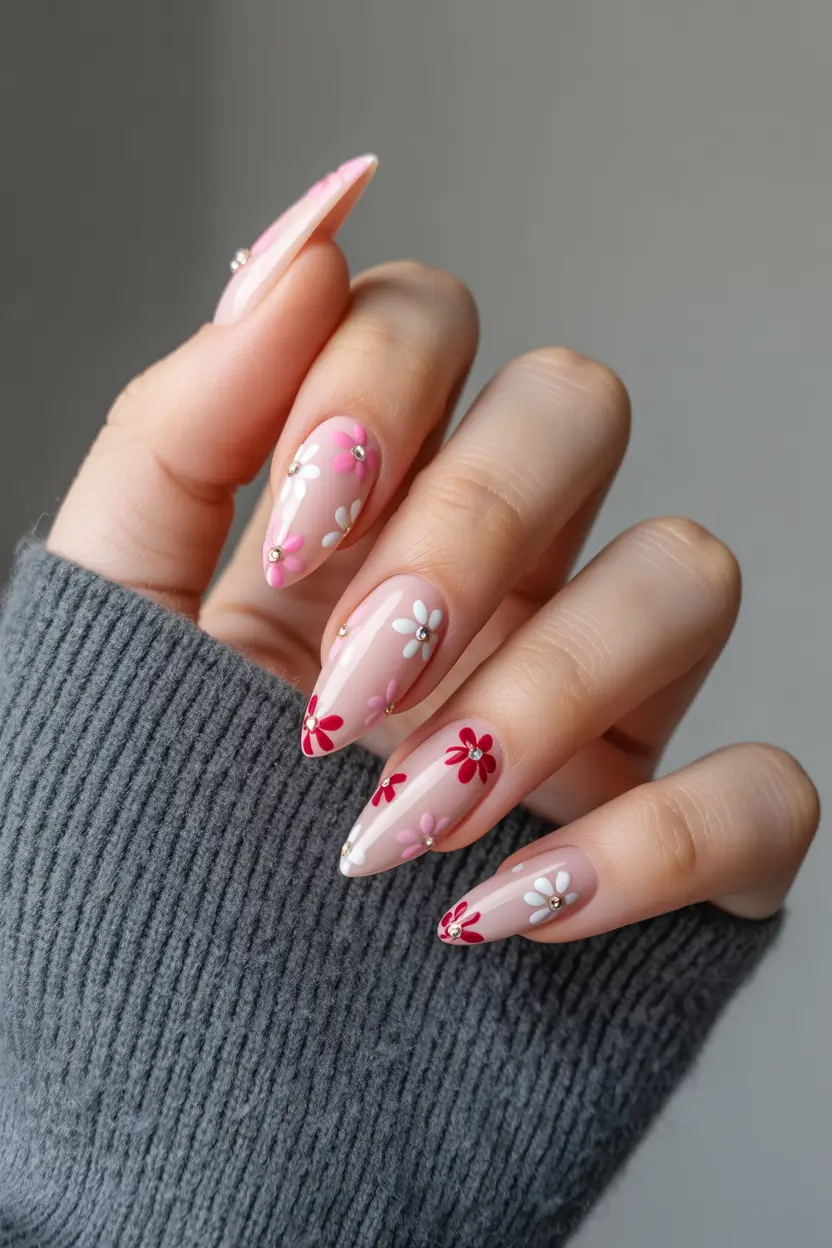 early spring nails 2026 Minimal Pink Almond Nails with Crystal Floral Details