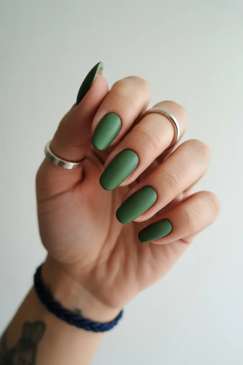 early spring nails 2026 Matte Forest Green Almond Nails for Minimal Confidence