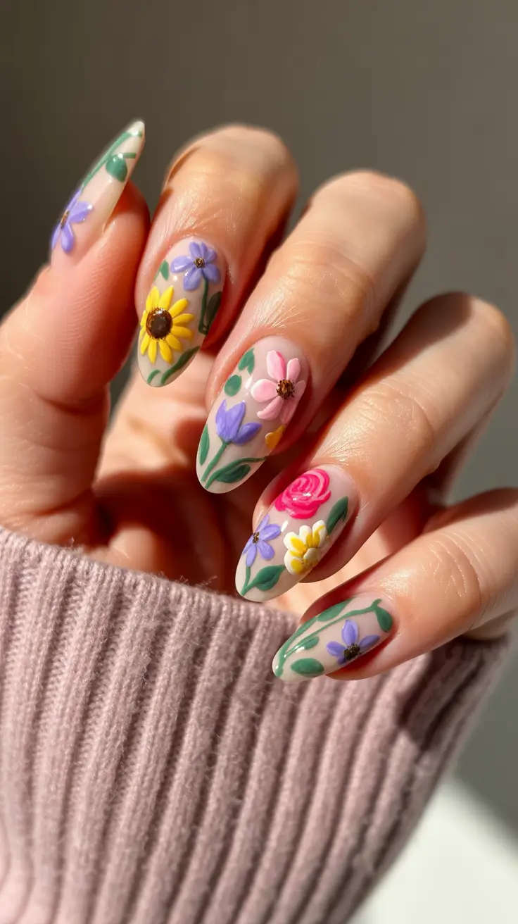 early spring nails 2026 Hand Painted Wildflower Almond Nails in Soft Nude Tones