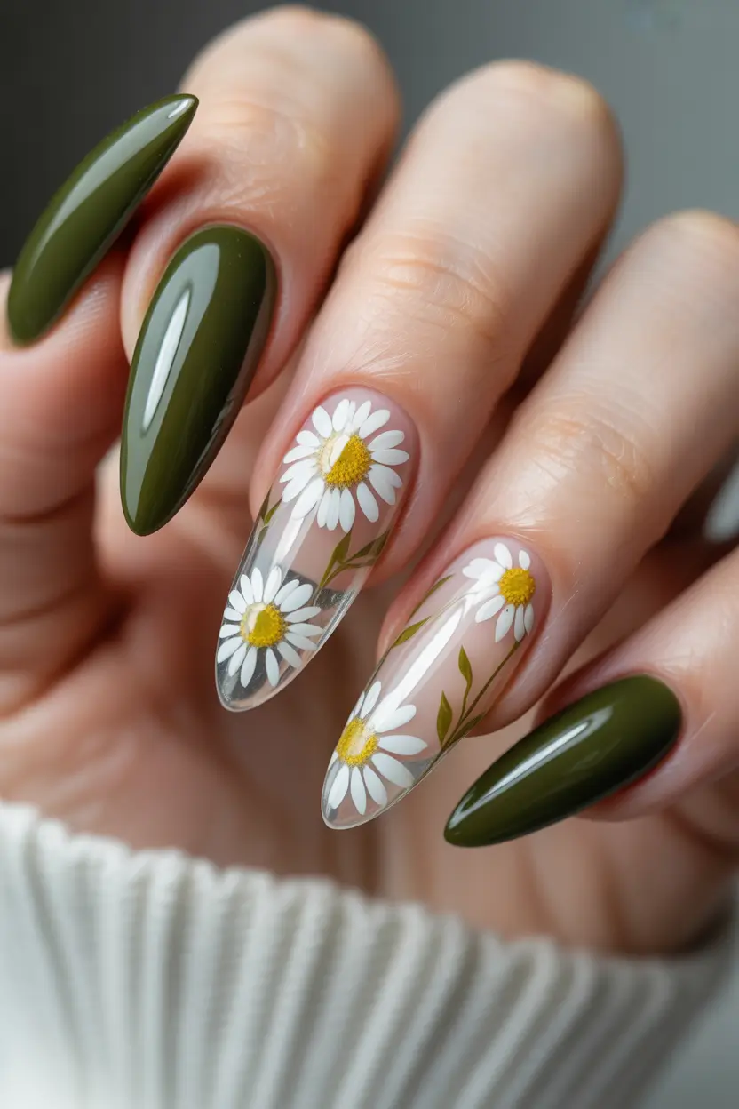 early spring nails 2026 Olive Green and Clear Daisy Almond Nails