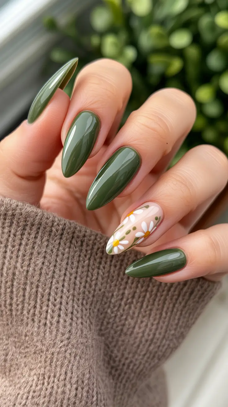early spring nails 2026 Soft Green Almond Nails with Minimal Daisy Accent