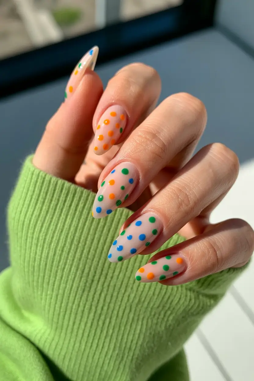 early spring nails 2026 Playful Polka Dot Almond Nails for Creative Energy