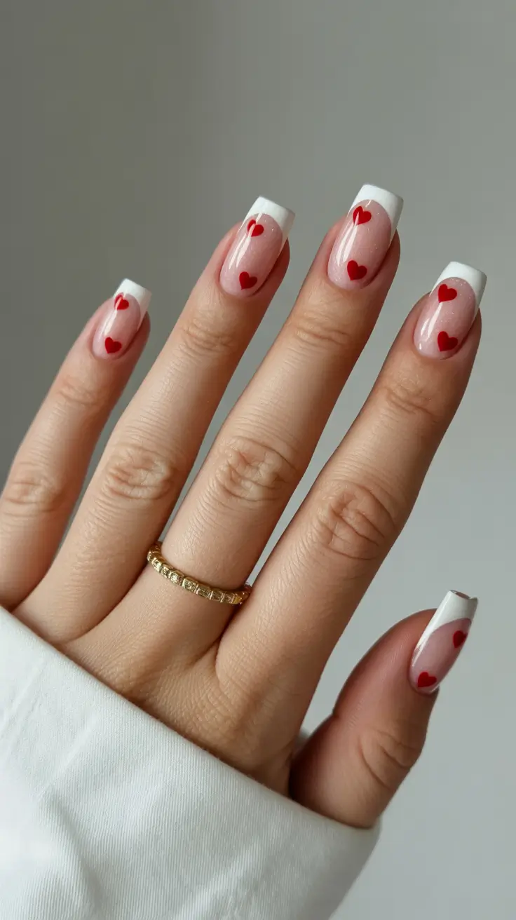 early spring nails 2026 Classic French With Red Hearts for Modern Romance