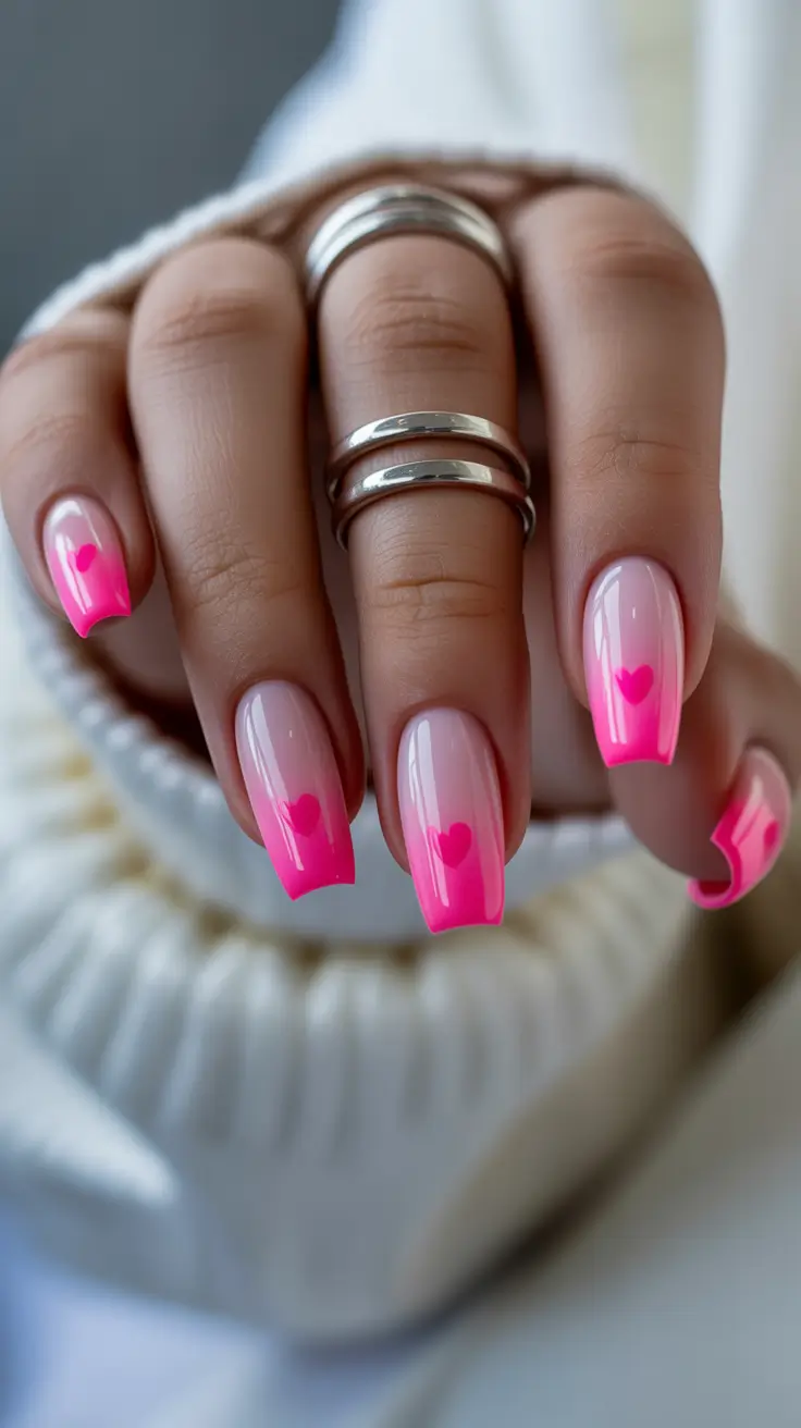 early spring nails 2026 Pink Ombre Hearts for Playful Spring Energy