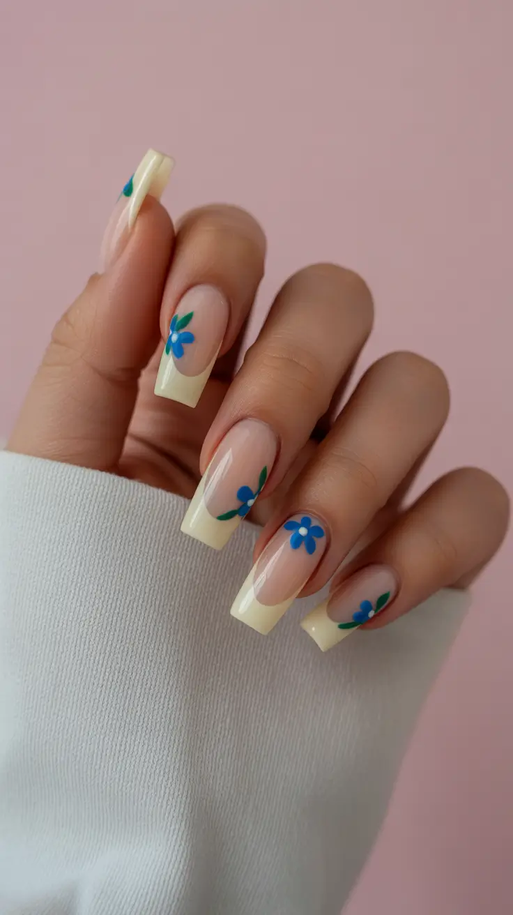 early spring nails 2026 Blue Floral French Nails for Soft Spring Dreams