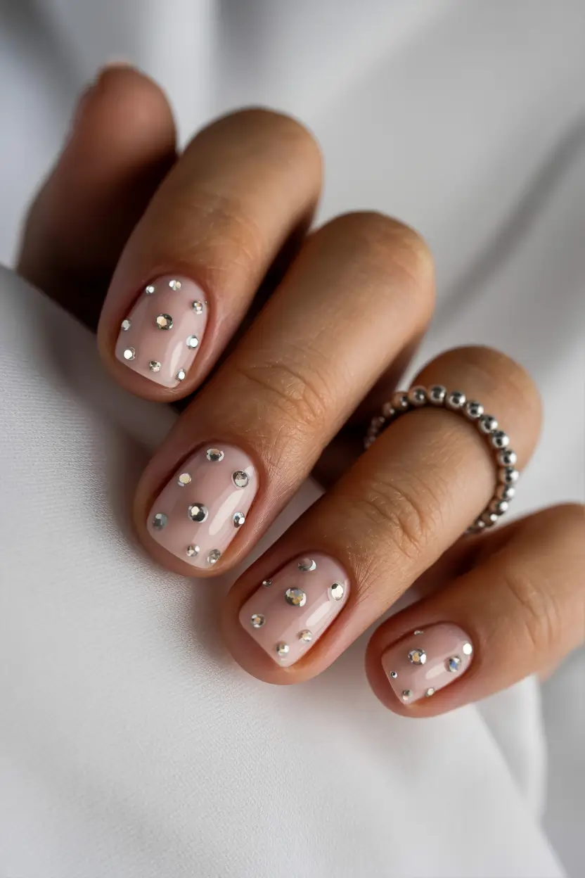 Stylish Minimalist Spring Nails 2026 Soft Pink Short Nails with Delicate Rhinestones