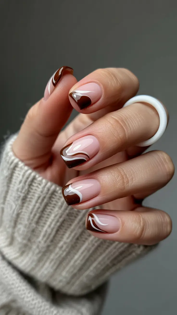 Stylish Minimalist Spring Nails 2026 Brown and White Swirl French on Almond Nails