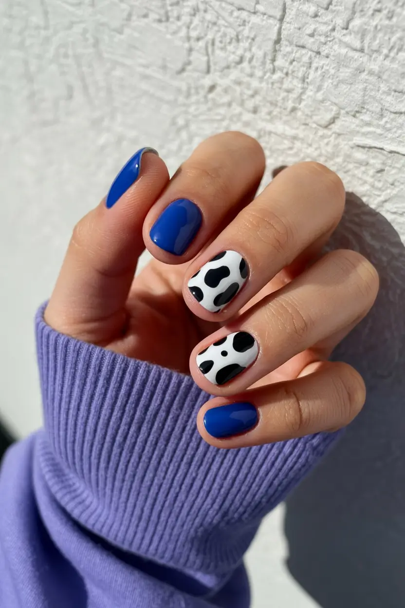 Stylish Minimalist Spring Nails 2026 Bold Blue and Cow Print Short Nails