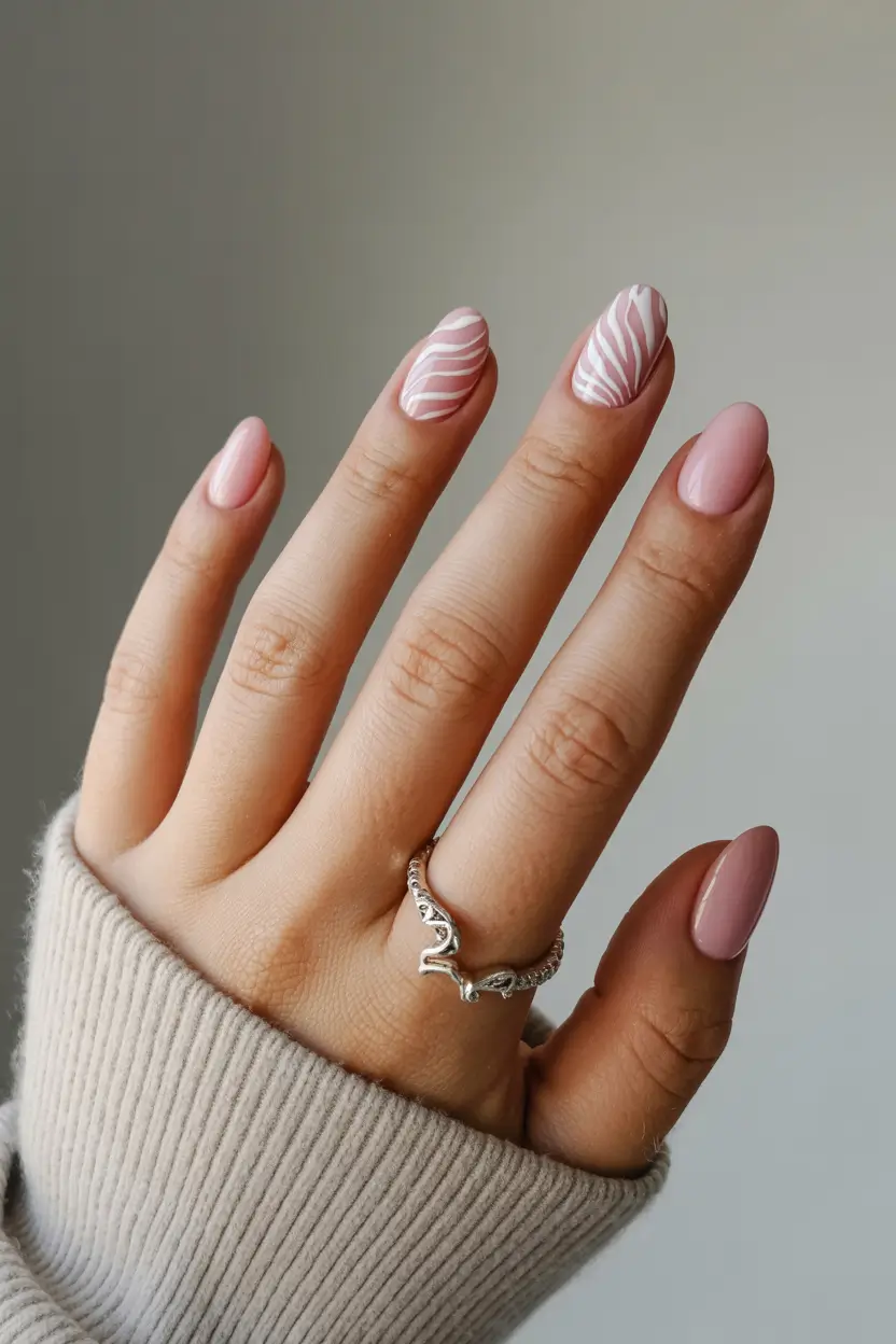 Stylish Minimalist Spring Nails 2026 Soft Pink Almond Nails with White Wave Art