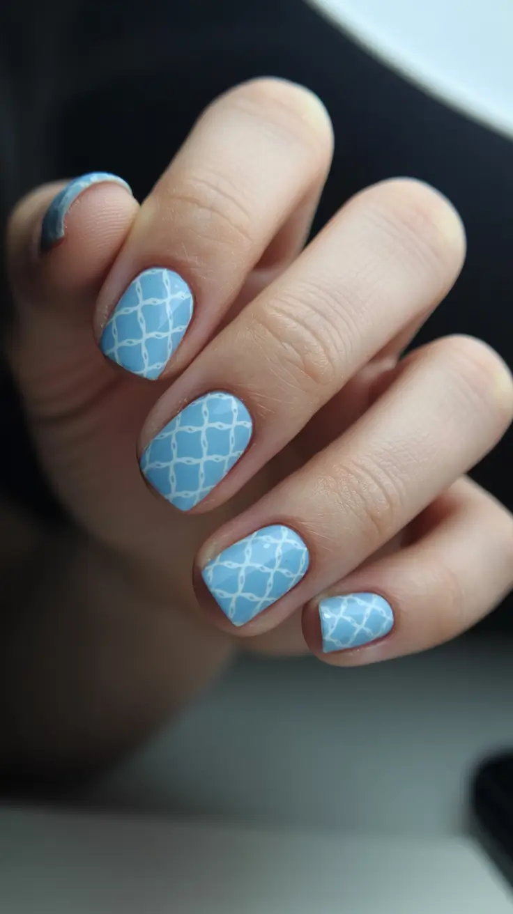 Stylish Minimalist Spring Nails 2026 Pastel Blue Short Nails with Minimal Grid Art