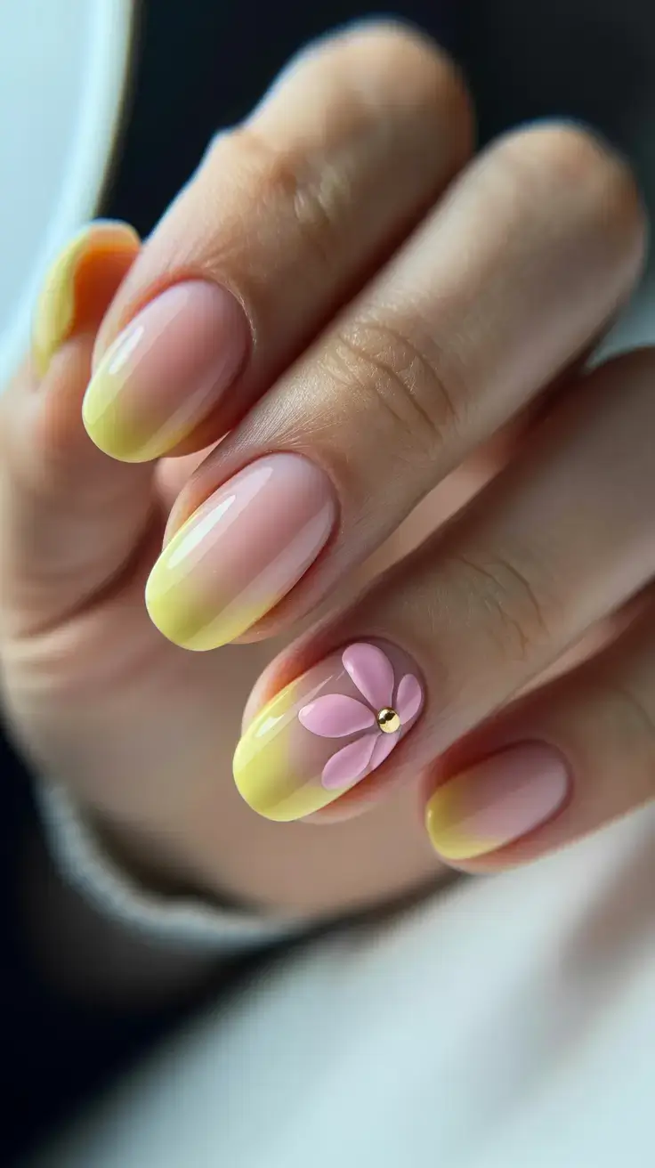 Stylish Minimalist Spring Nails 2026 Soft Yellow Ombre with a Delicate Floral Detail