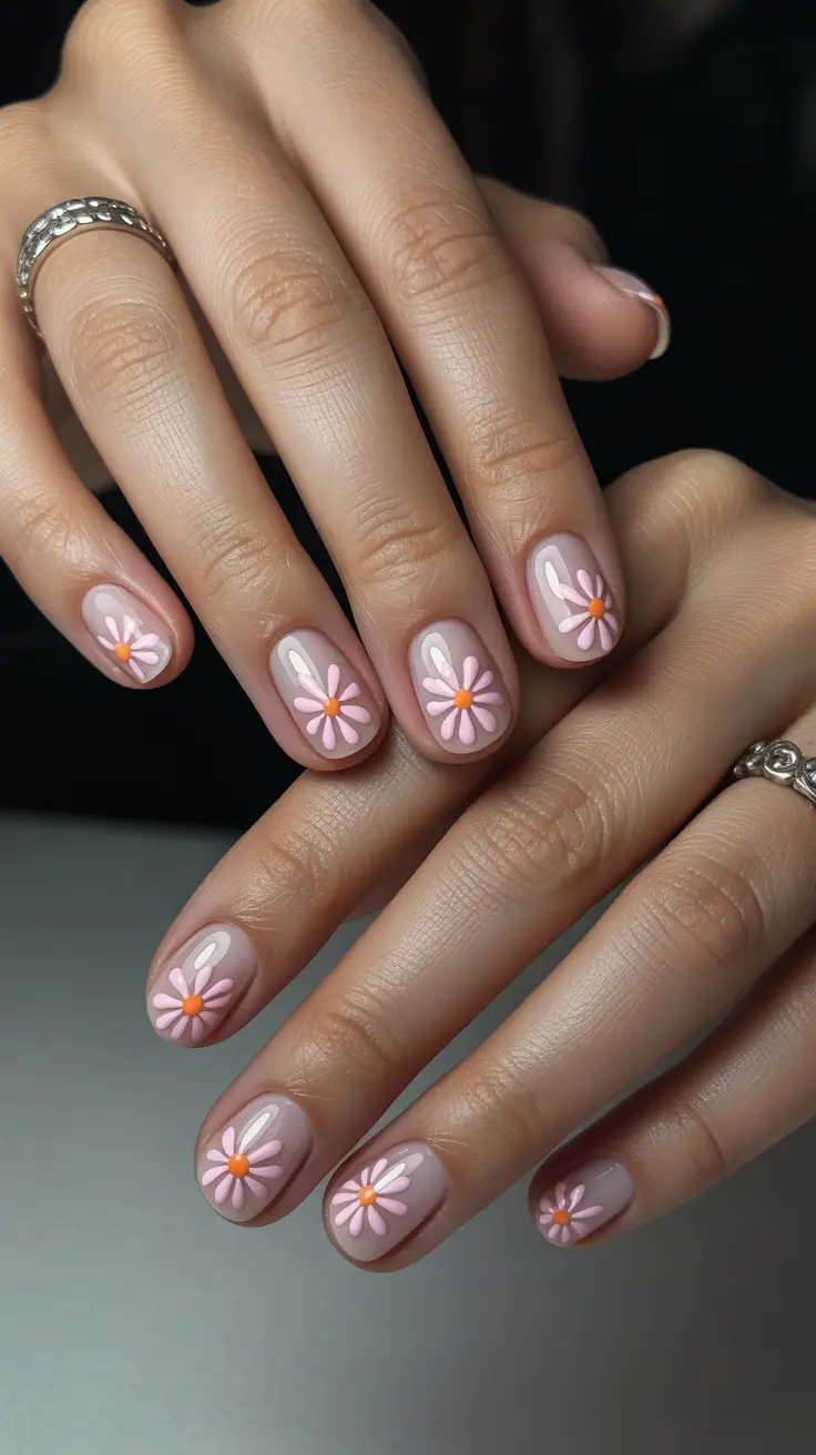 Stylish Minimalist Spring Nails 2026 Short Pink Florals with Minimalist Charm