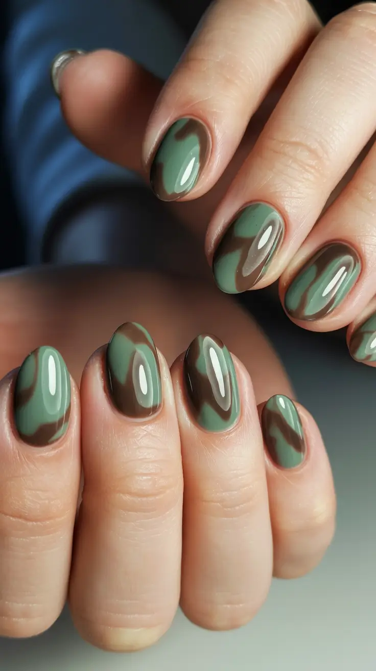 Stylish Minimalist Spring Nails 2026 Glossy Green and Brown Minimalist Square Nails