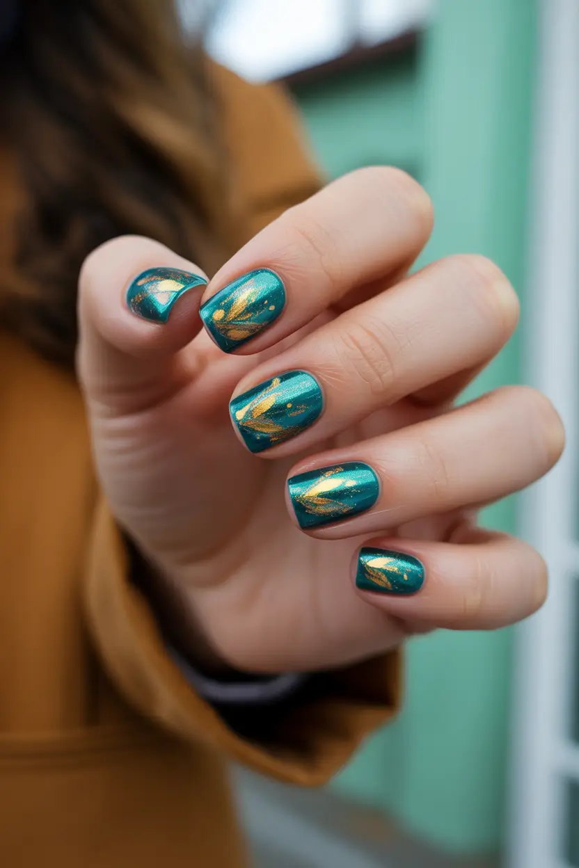 Stylish Minimalist Spring Nails 2026 Emerald Green with Gold Leaf Minimalist Art