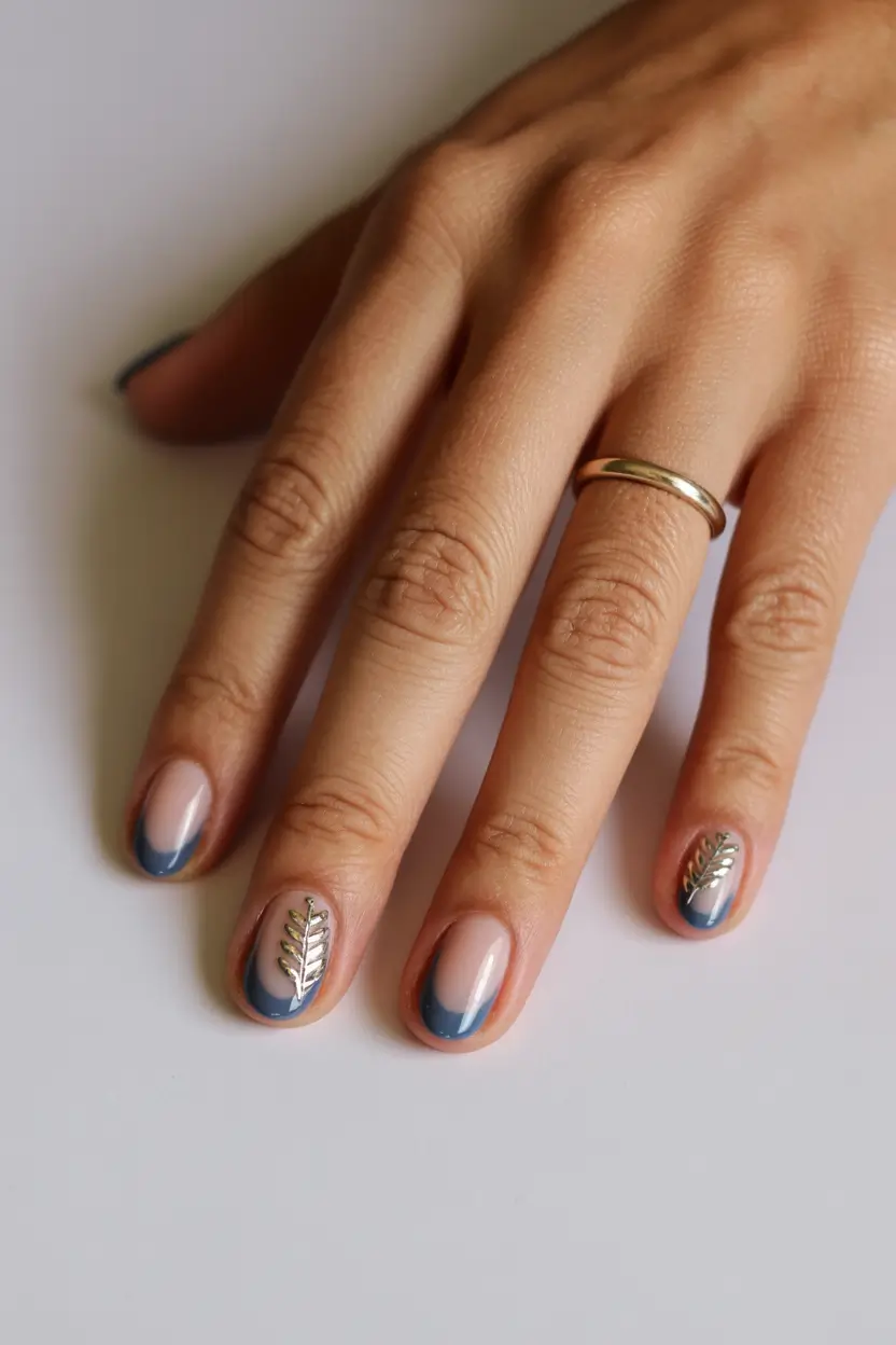 Stylish Minimalist Spring Nails 2026 Blue French Tip with Minimal Silver Leaf Art