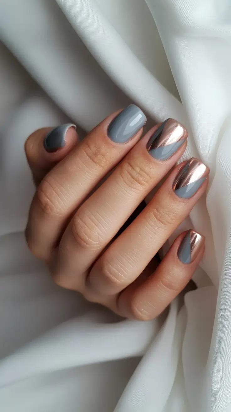 Stylish Minimalist Spring Nails 2026 Soft Gray and Rose Gold Minimalist Square Nails