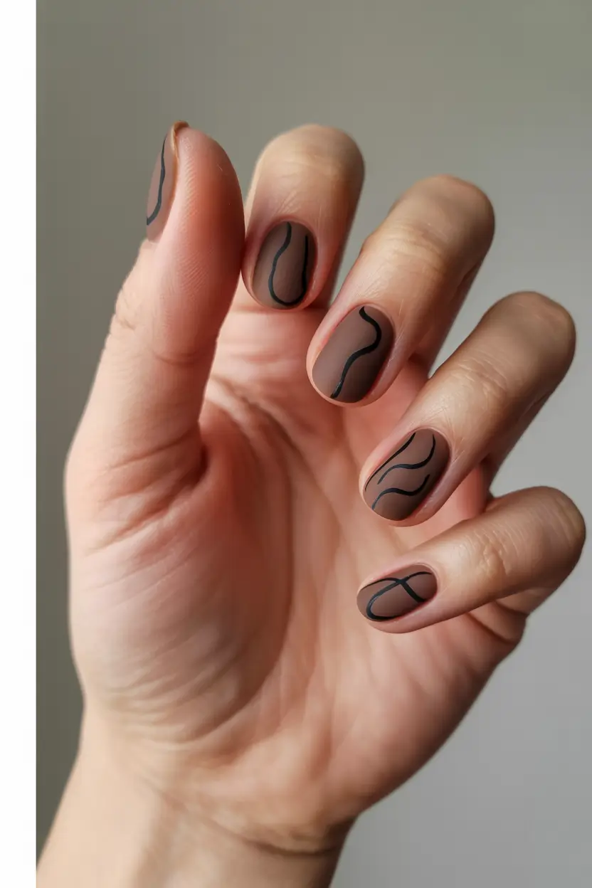 Stylish Minimalist Spring Nails 2026 Muted Brown Nails with Black Abstract Lines