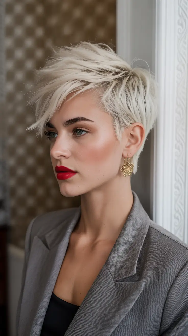 spring Asymmetrical Pixie Haircuts 2026 Icy Platinum Micro Textured Asymmetrical Crop