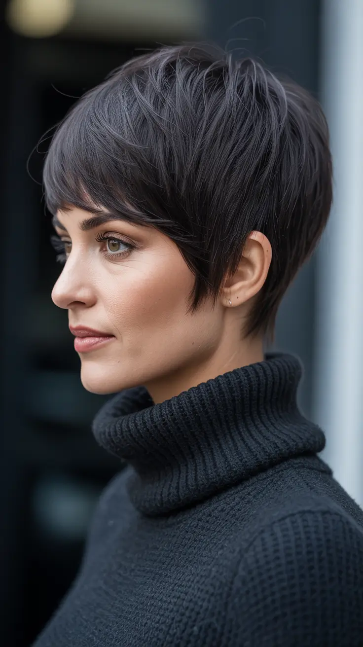 spring Asymmetrical Pixie Haircuts 2026 Smoky Charcoal Asymmetrical Pixie With Feathered Bangs