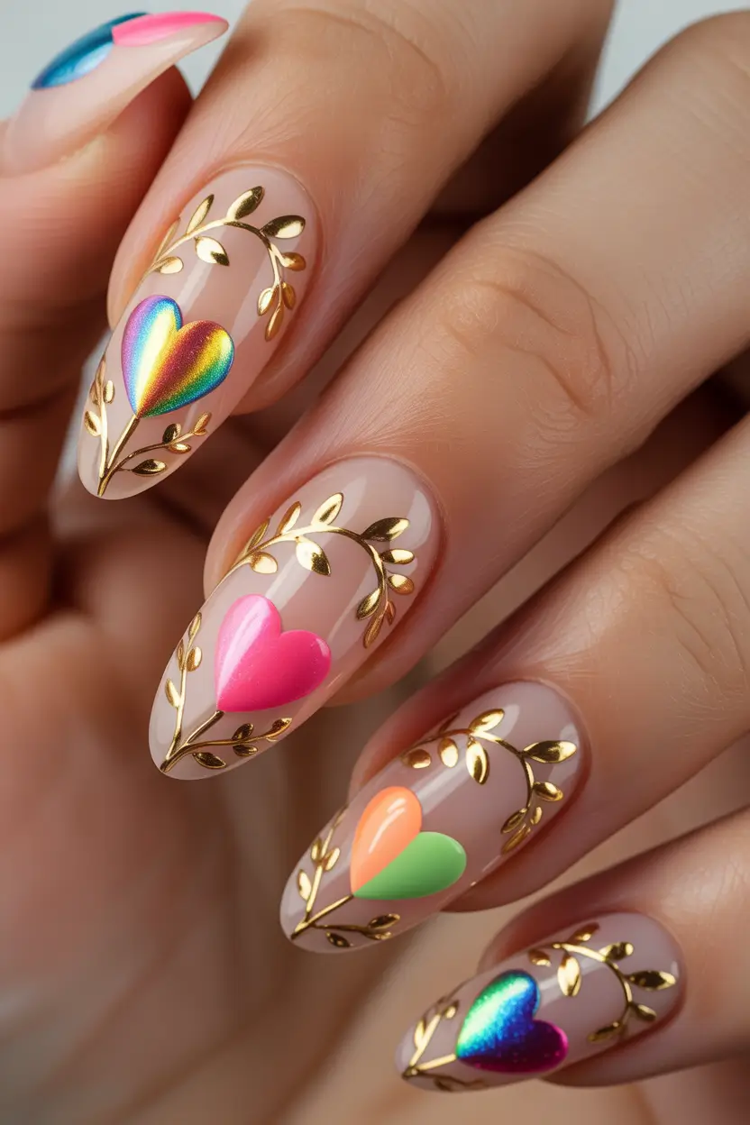Stylish Spring Nails Simple 2026 Pastel Hearts and Golden Botanical Details