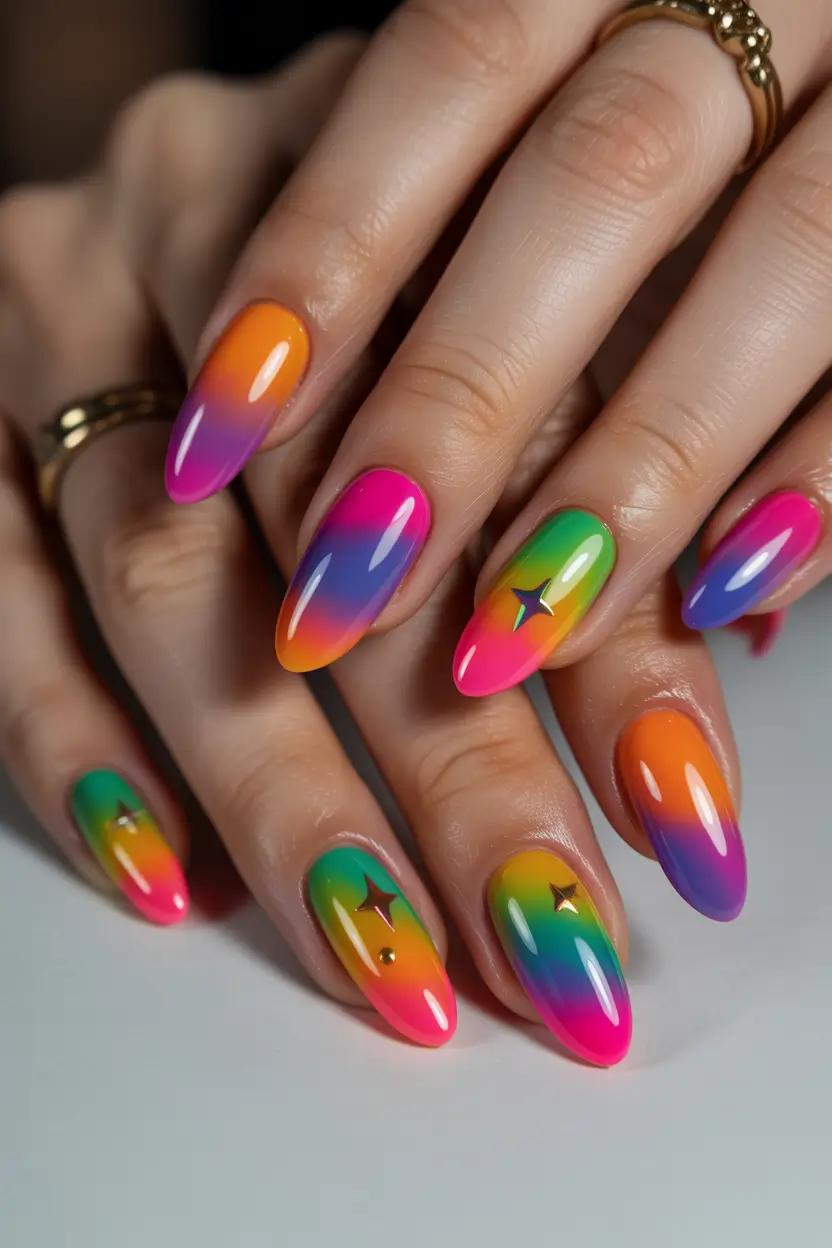Stylish Spring Nails Simple 2026 Rainbow Gradient Almond Nails with Star Accents